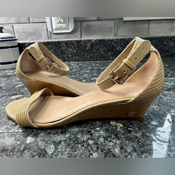 Tory Burch Brown Beige Ankle Strap Open Toe Wedges Women’s Size 9.5 - Picture 1 of 12